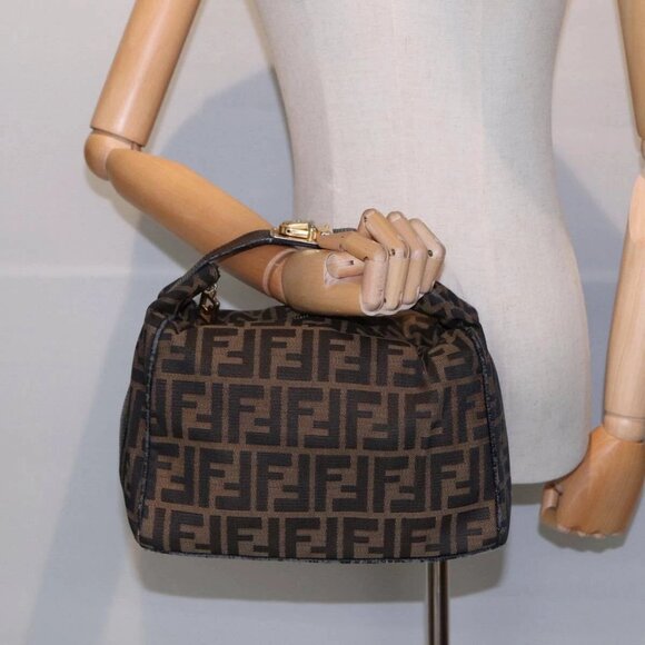 FENDI Zucca Canvas Vanity Pouch Brown Black gold Auth - Picture 1 of 16